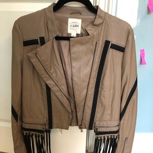 Taupe Leather Jacket with Black Fringe